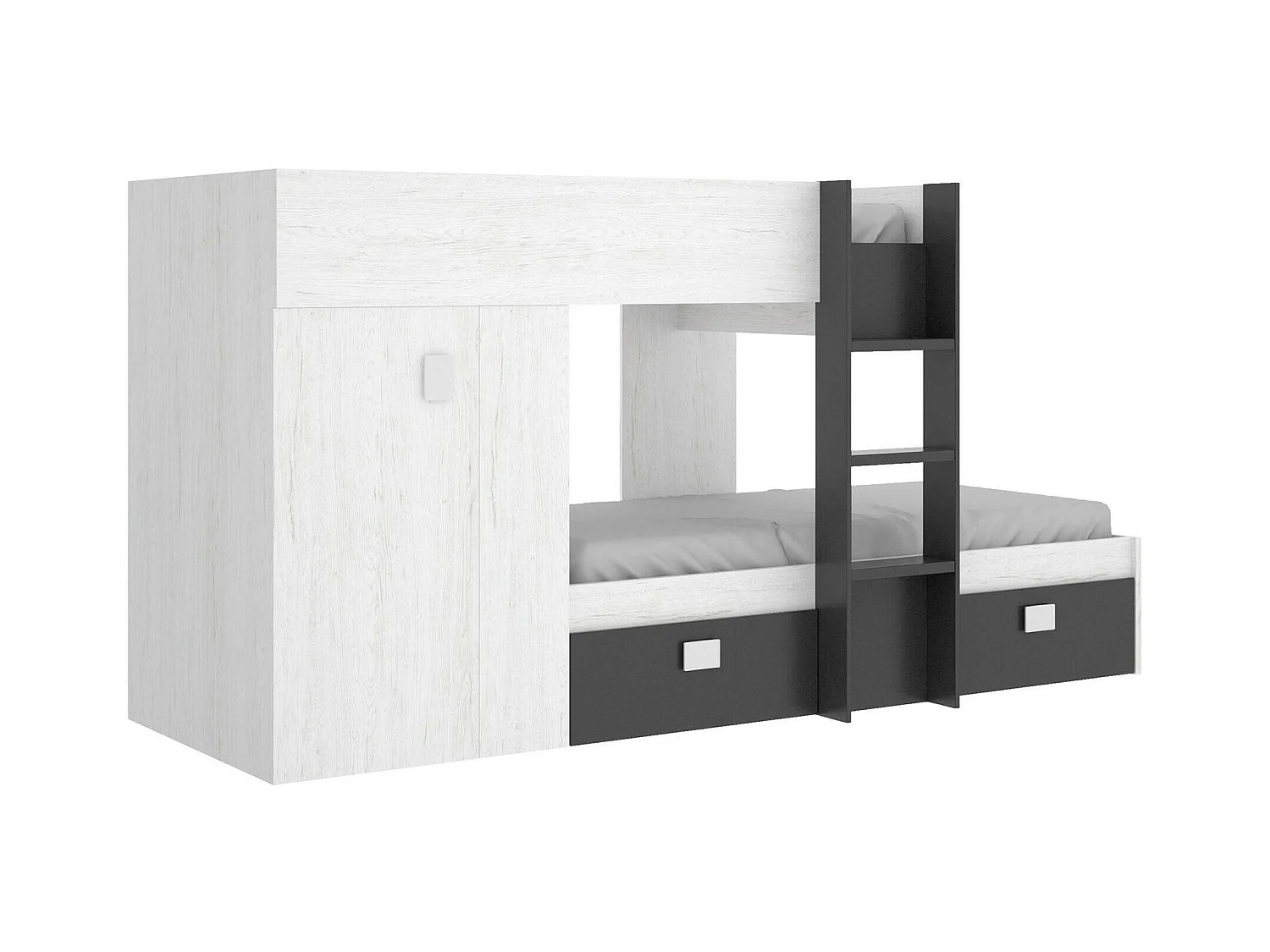 Lit enfant Cevedale, Chambre complète avec armoire et tiroirs, Composition de lits superposés avec deux lits simples, 271x111h150 cm, Blanc et Anthracite