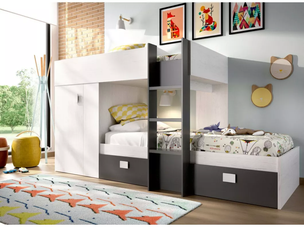 Kauf Unique Kinderbett Cevedale, Komplettes Schlafzimmer mit Kleiderschrank und Schubladen, Etagenbettkomposition mit zwei Einzelbetten, 271x111h150 cm, Weiß und Anthrazit