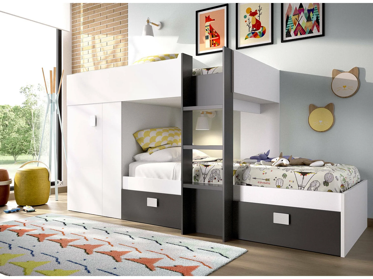 Lit enfant Cevedale, Chambre complète avec armoire et tiroirs, Composition de lits superposés avec deux lits simples, 271x111h150 cm, Blanc et Anthracite
