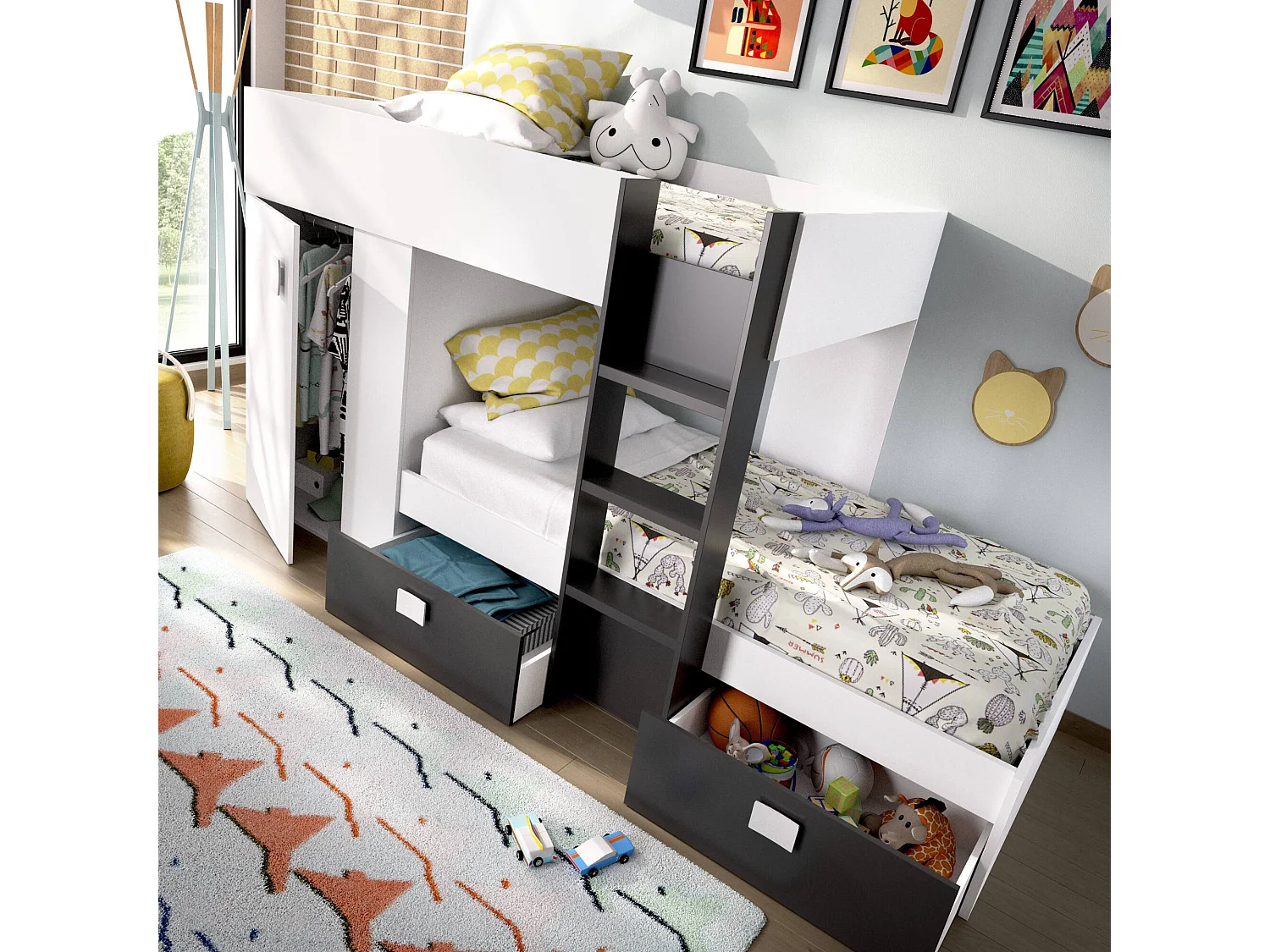 Lit enfant Cevedale, Chambre complète avec armoire et tiroirs, Composition de lits superposés avec deux lits simples, 271x111h150 cm, Blanc et Anthracite