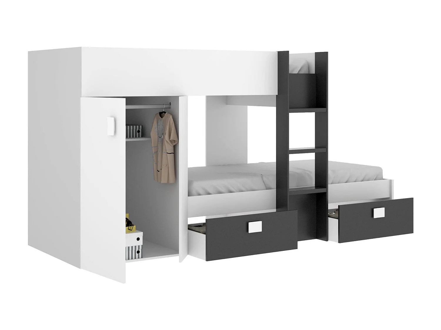 Kinderbett Cevedale, Komplettes Schlafzimmer mit Kleiderschrank und Schubladen, Etagenbettkomposition mit zwei Einzelbetten, 271x111h150 cm, WeiÃŸ und Anthrazit