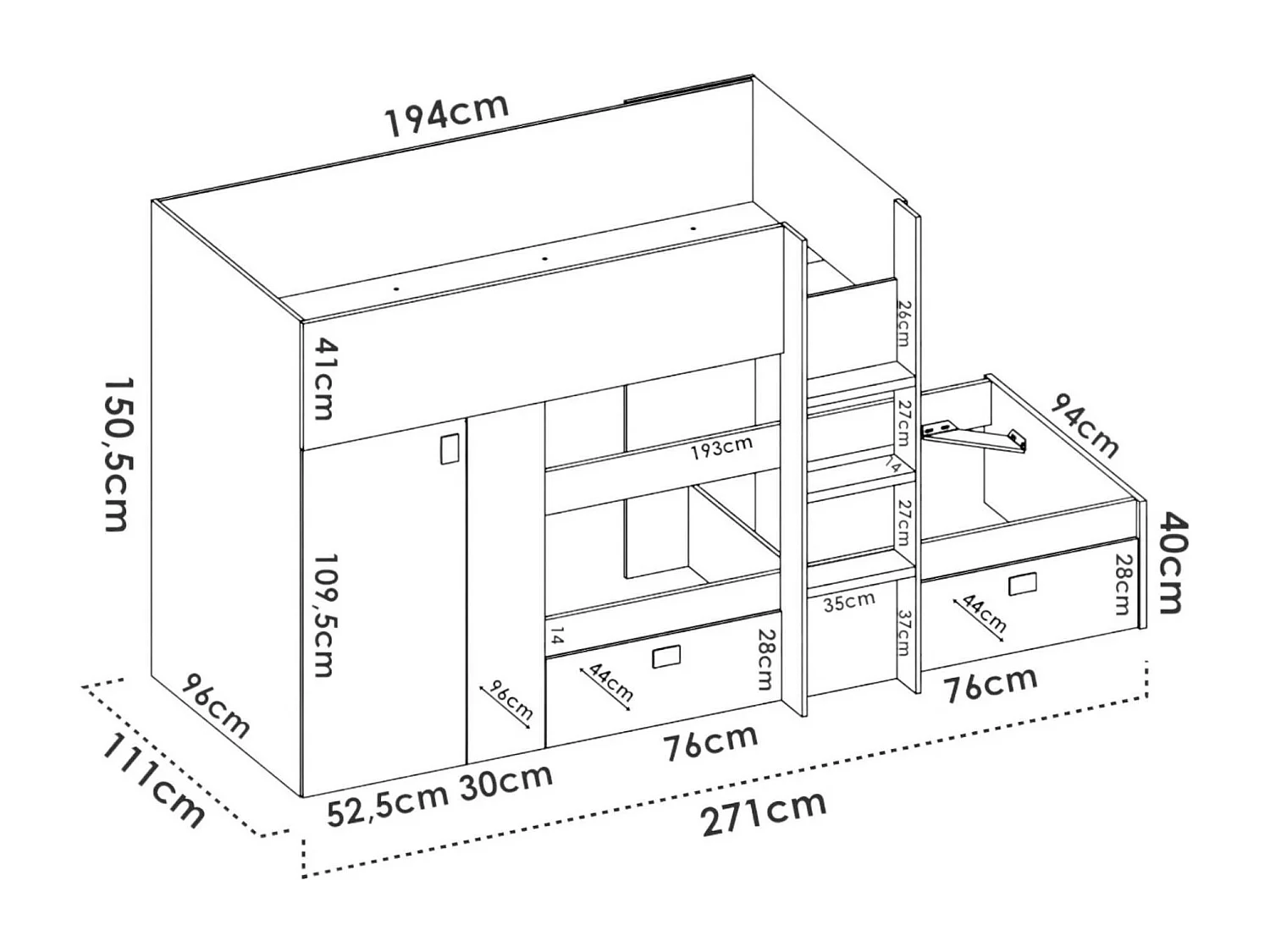 Dmora Composizione Camera da Letto Cevedale 111x271x150h cm Bianco Antracite 2 Cassetti Reversibile, Dimensione Materasso 190x92 cm