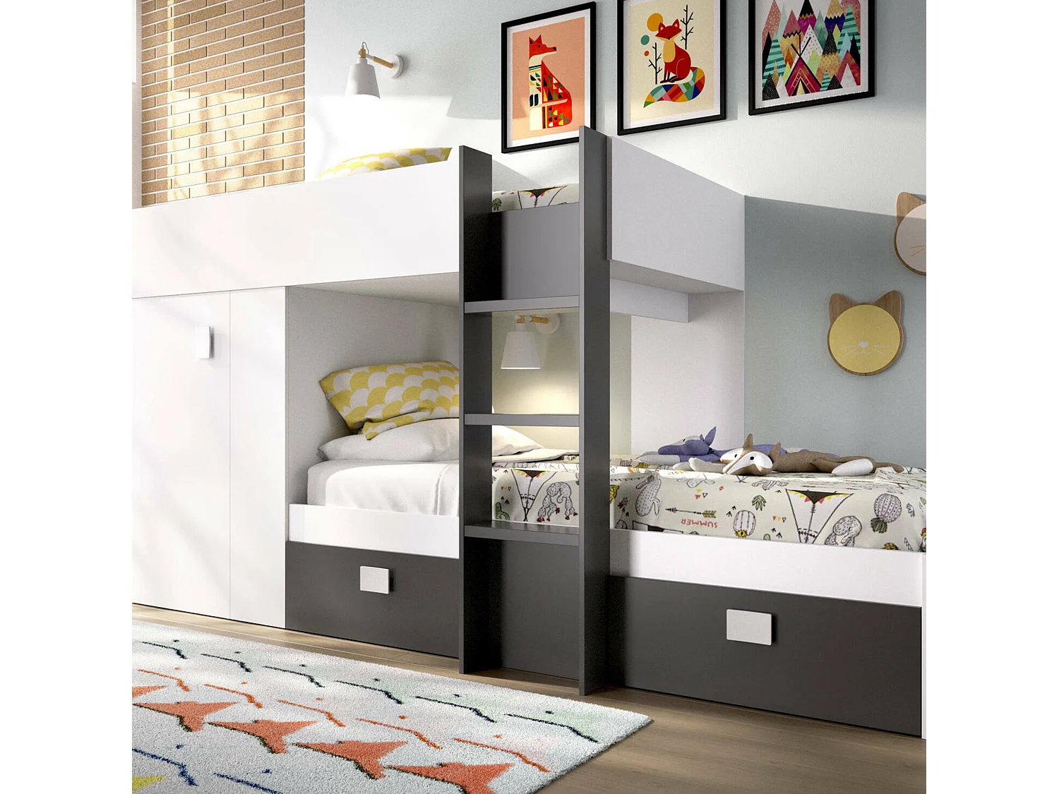 Lit enfant Cevedale, Chambre complète avec armoire et tiroirs, Composition de lits superposés avec deux lits simples, 271x111h150 cm, Blanc et Anthracite
