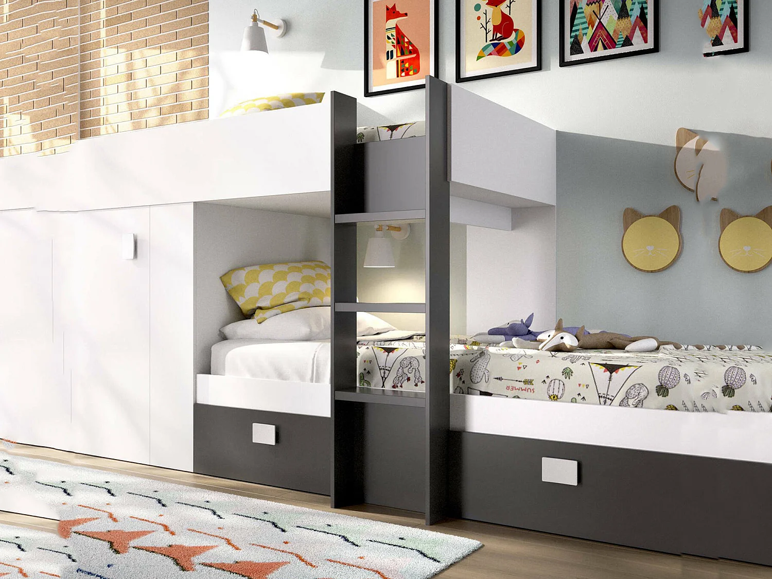 Lit enfant Cevedale, Chambre complète avec armoire et tiroirs, Composition de lits superposés avec deux lits simples, 271x111h150 cm, Blanc et Anthracite