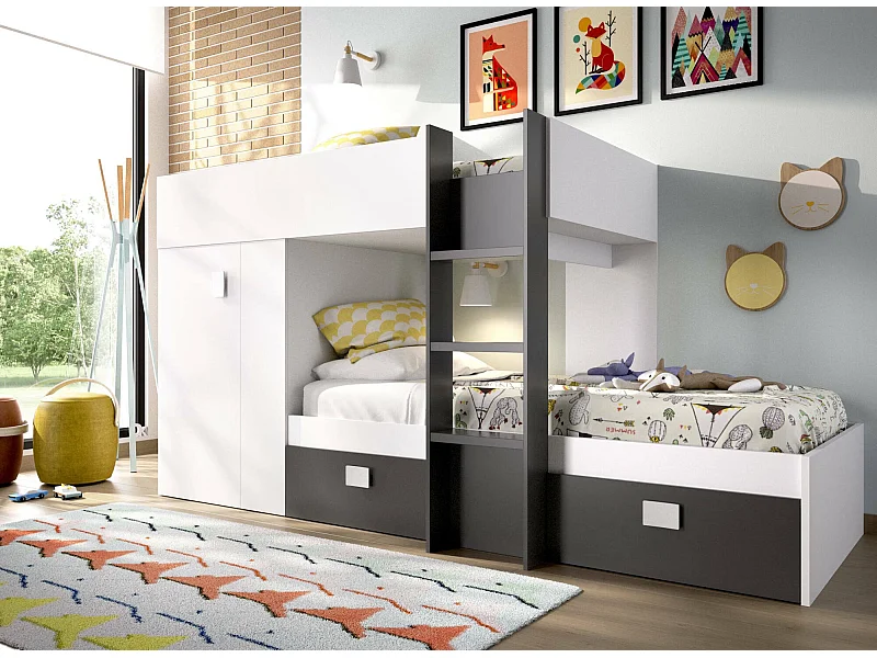 Dmora Slaapkamer Set Cevedale 111x271x150h cm Wit Antraciet 2 Laden Handvatten abs Unidirectionele Wielen, Omkeerbaar