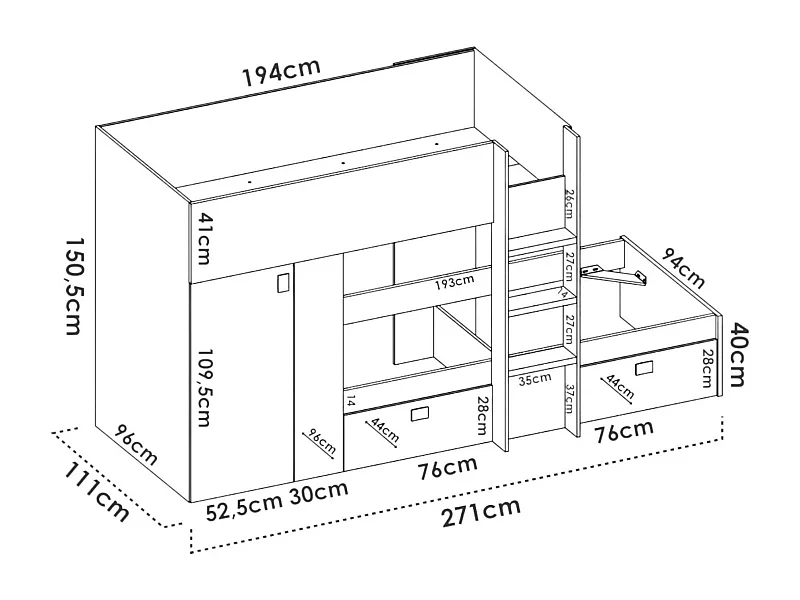 Kinderbett Cevedale, Komplettes Schlafzimmer mit Kleiderschrank und Schubladen, Etagenbettkomposition mit zwei Einzelbetten, 271x111h150 cm, WeiÃŸ und Anthrazit