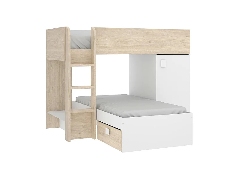 Lit enfant Marmolada, Chambre complète avec armoire et tiroirs, Composition de lits superposés avec deux lits simples, 255x112h150 cm, Blanc et Chêne