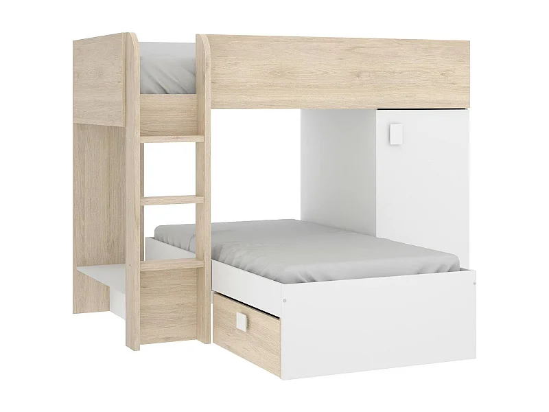 Marmolada kinderbed, Complete slaapkamer met kledingkast en laden, Stapelbedsamenstelling met twee eenpersoonsbedden, 255x112h150 cm, Wit en Eiken