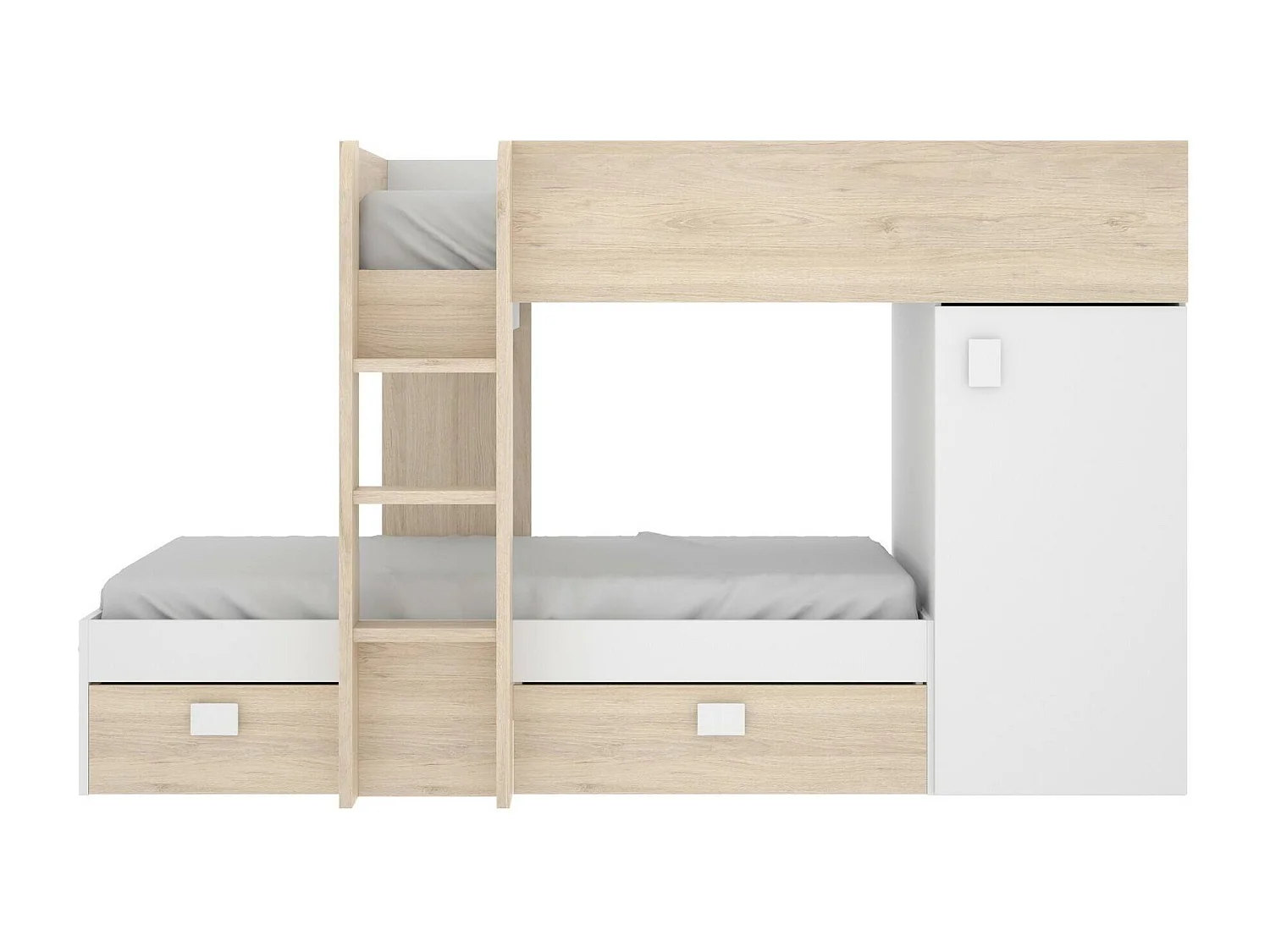 Lit enfant Marmolada, Chambre complète avec armoire et tiroirs, Composition de lits superposés avec deux lits simples, 255x112h150 cm, Blanc et Chêne
