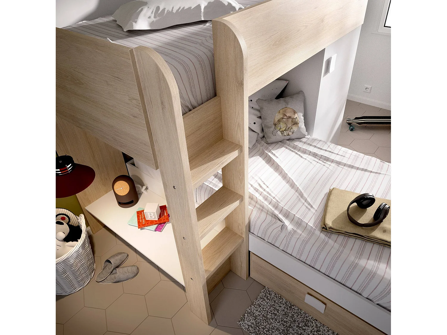 Lit enfant Marmolada, Chambre complète avec armoire et tiroirs, Composition de lits superposés avec deux lits simples, 255x112h150 cm, Blanc et Chêne