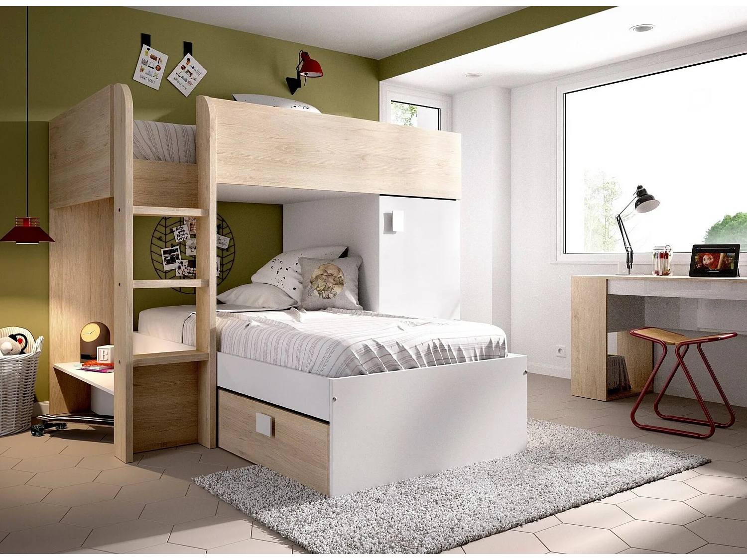 Lit enfant Marmolada, Chambre complète avec armoire et tiroirs, Composition de lits superposés avec deux lits simples, 255x112h150 cm, Blanc et Chêne
