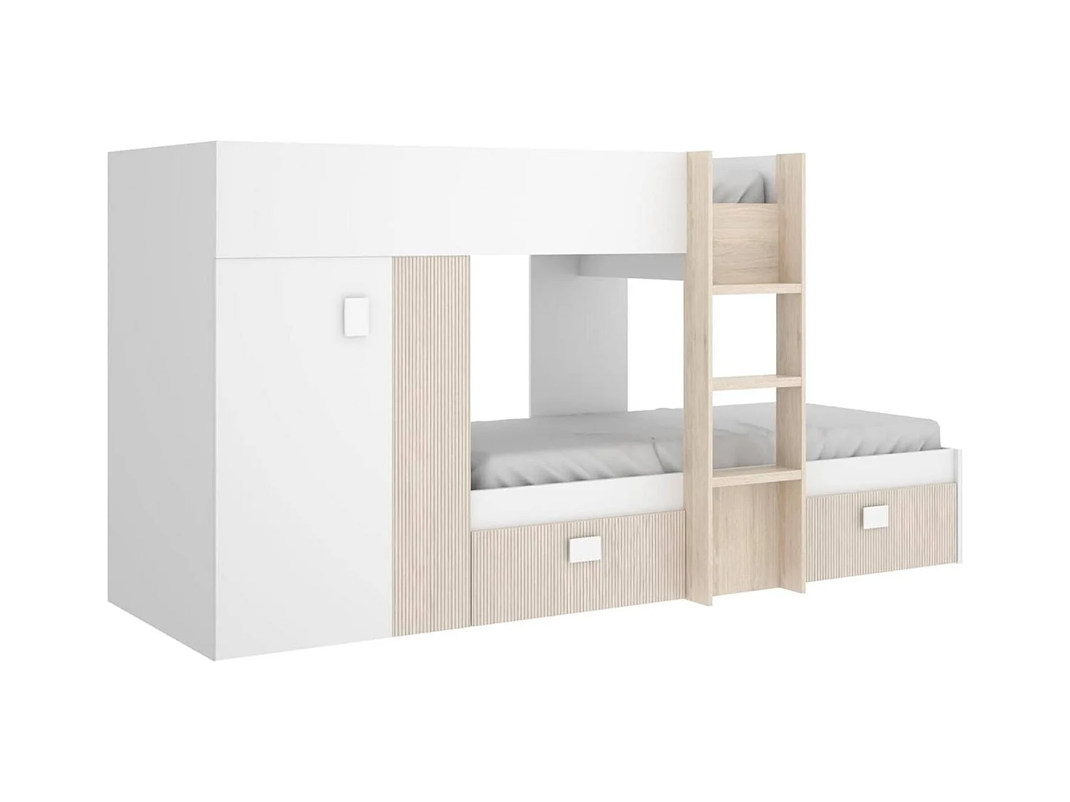 Lit enfant Cevedale, Chambre complète avec armoire et tiroirs, Composition de lits superposés avec deux lits simples, 271x111h150 cm, Blanc et Chêne