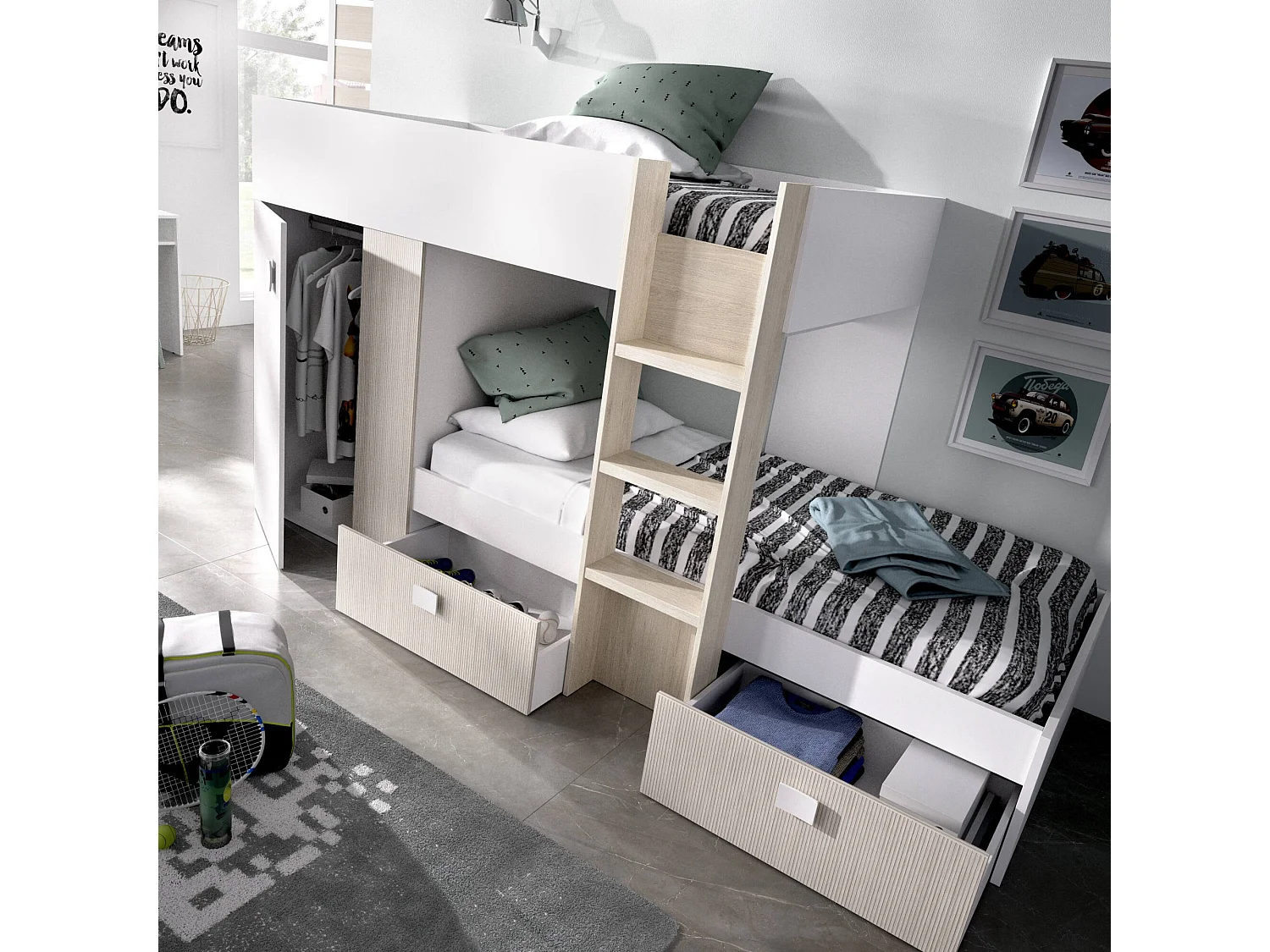 Cevedale kinderbed, Complete slaapkamer met kledingkast en laden, Stapelbedsamenstelling met twee eenpersoonsbedden, 271x111h150 cm, Wit en Eiken