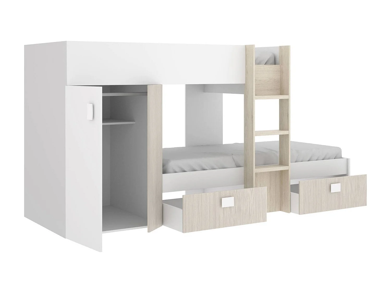 Cevedale kinderbed, Complete slaapkamer met kledingkast en laden, Stapelbedsamenstelling met twee eenpersoonsbedden, 271x111h150 cm, Wit en Eiken