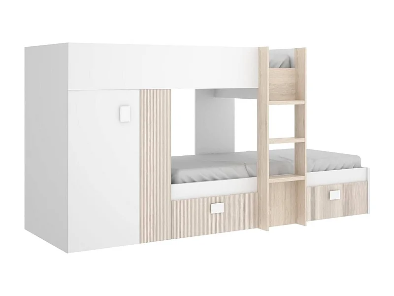 Composizione camera da letto Cevedale, Cameretta completa, Composizione letto a castello con due lettini singoli, 271x111h150 cm, Bianco e Rovere