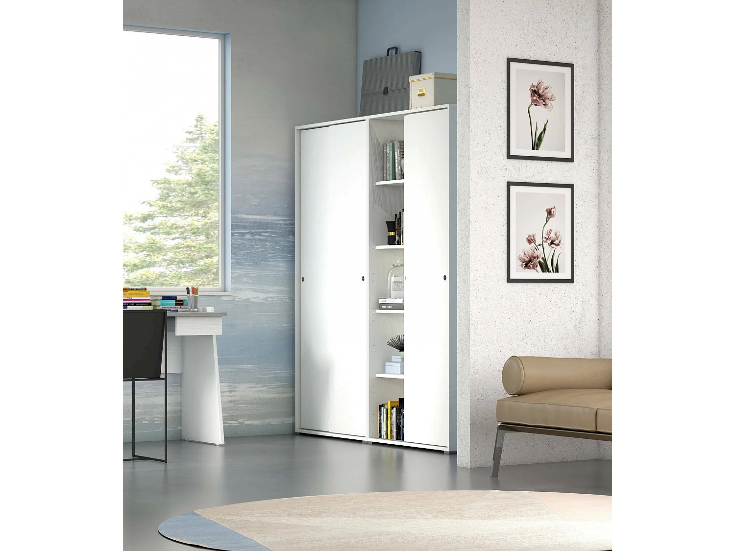 Kleiderschrank Dbuti, Kleiderschrank mit 2 Schiebetüren und 4 Einlegeböden, Moderne Mehrzweck - Schlafzimmermöbel, 100% Made in Italy, 90x45h195 cm, WeiÃŸ