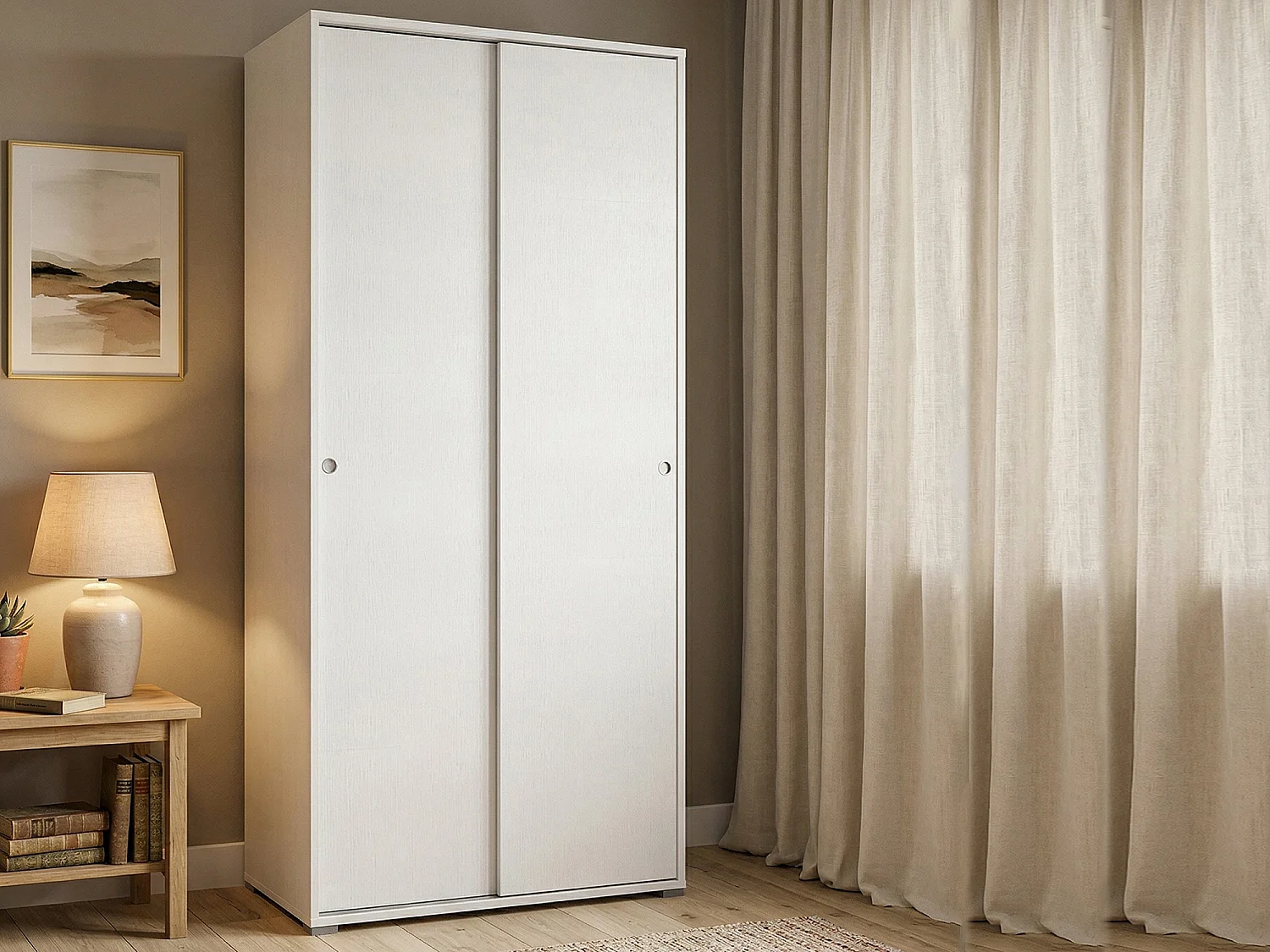 Armoire Dbuti, armoire avec 2 portes coulissantes et 4 étagères, mobilier de chambre polyvalent moderne, 100% Made in Italy, 90x45h195 cm, Blanc