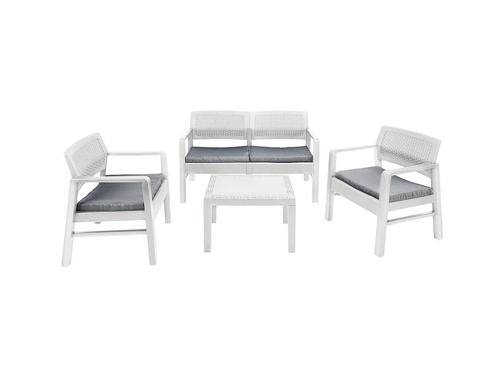 Ensemble de salon d'extérieur Carpi, Composition de jardin avec 2 fauteuils, 1 canapé et 1 table basse, Salon effet rotin avec coussins, 100% Made in Italy, Blanc