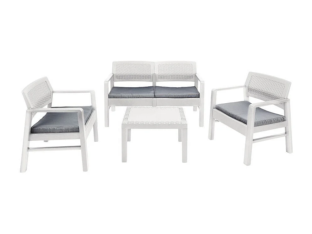Ensemble de salon d'extérieur Carpi, Composition de jardin avec 2 fauteuils, 1 canapé et 1 table basse, Salon effet rotin avec coussins, 100% Made in Italy, Blanc