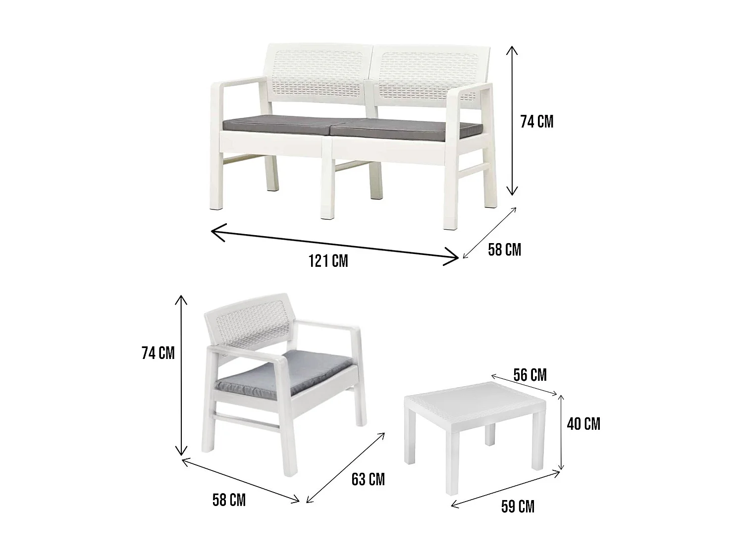 Ensemble de salon d'extérieur Carpi, Composition de jardin avec 2 fauteuils, 1 canapé et 1 table basse, Salon effet rotin avec coussins, 100% Made in Italy, Blanc