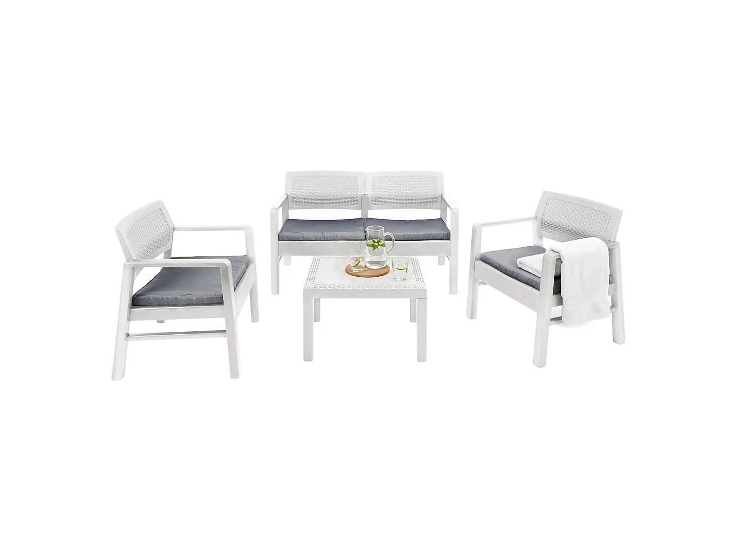 Ensemble de salon d'extérieur Carpi, Composition de jardin avec 2 fauteuils, 1 canapé et 1 table basse, Salon effet rotin avec coussins, 100% Made in Italy, Blanc