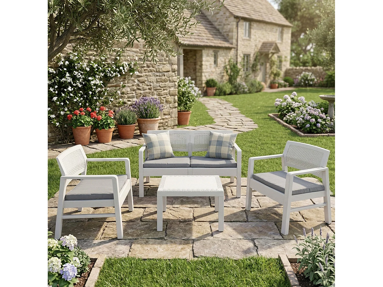 Ensemble de salon d'extérieur Carpi, Composition de jardin avec 2 fauteuils, 1 canapé et 1 table basse, Salon effet rotin avec coussins, 100% Made in Italy, Blanc