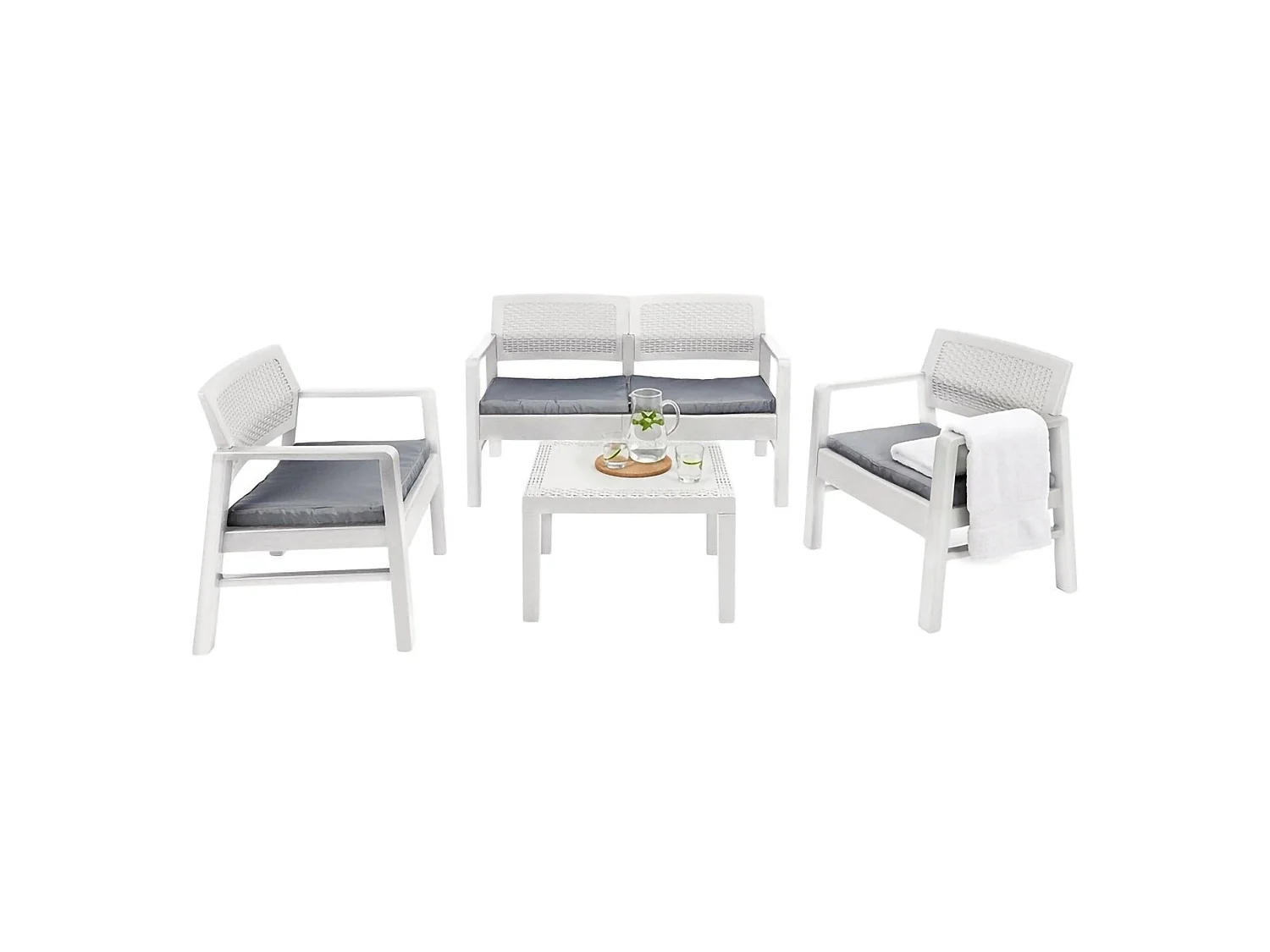 Ensemble de salon d'extérieur Carpi, Composition de jardin avec 2 fauteuils, 1 canapé et 1 table basse, Salon effet rotin avec coussins, 100% Made in Italy, Blanc