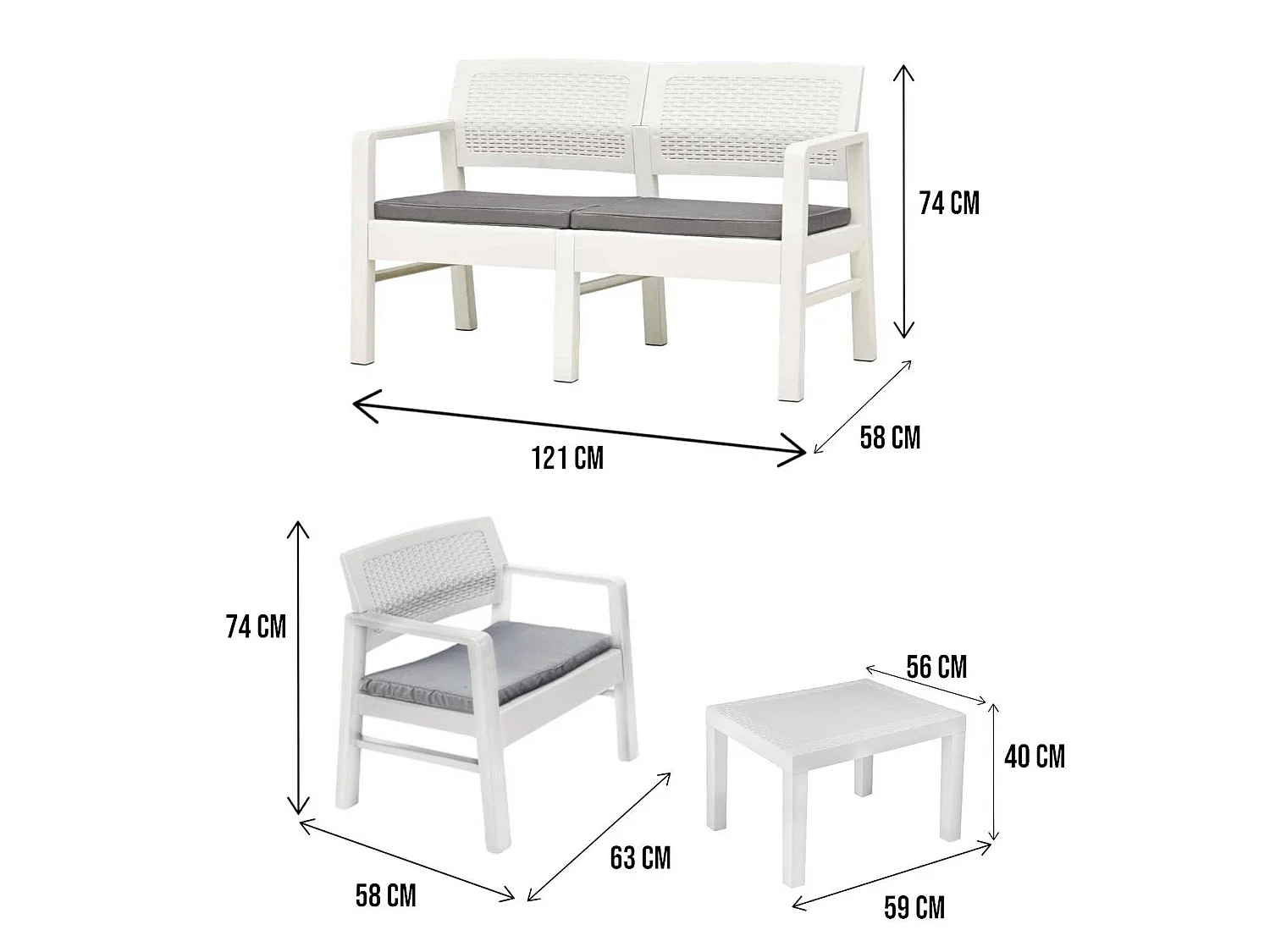 Ensemble de salon d'extérieur Carpi, Composition de jardin avec 2 fauteuils, 1 canapé et 1 table basse, Salon effet rotin avec coussins, 100% Made in Italy, Blanc