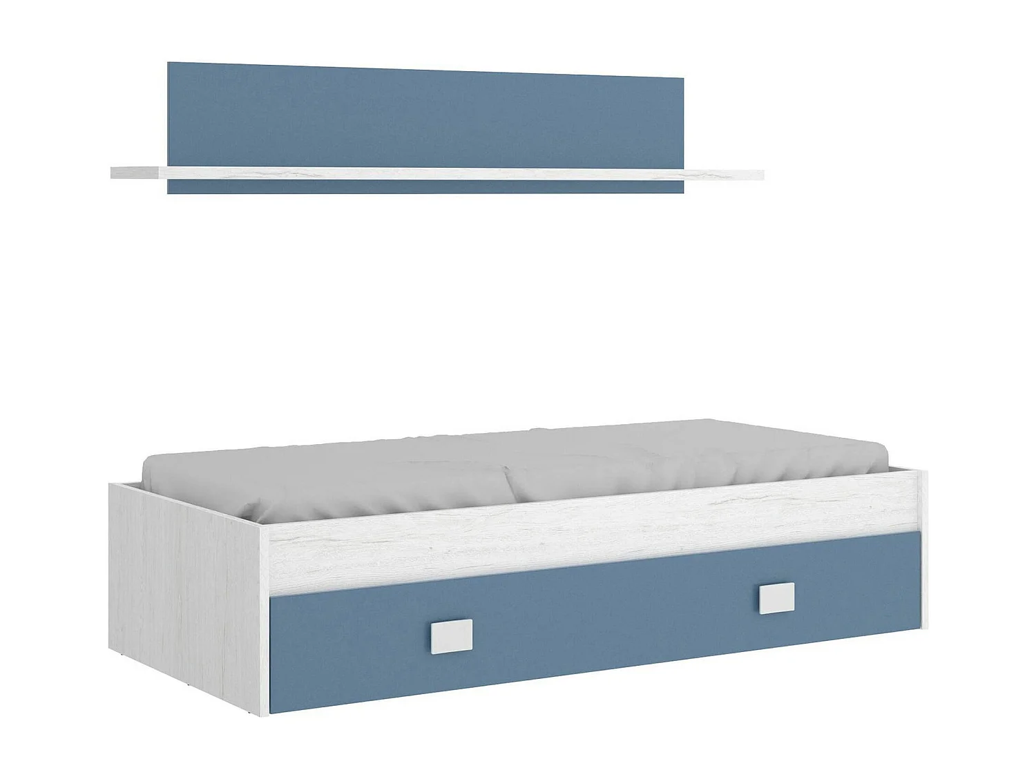 Lit enfant Monviso, Lit coffre pour chambres, Structure de lit simple avec tiroirs et étagère, 195x97h44 cm, Blanc et Bleu