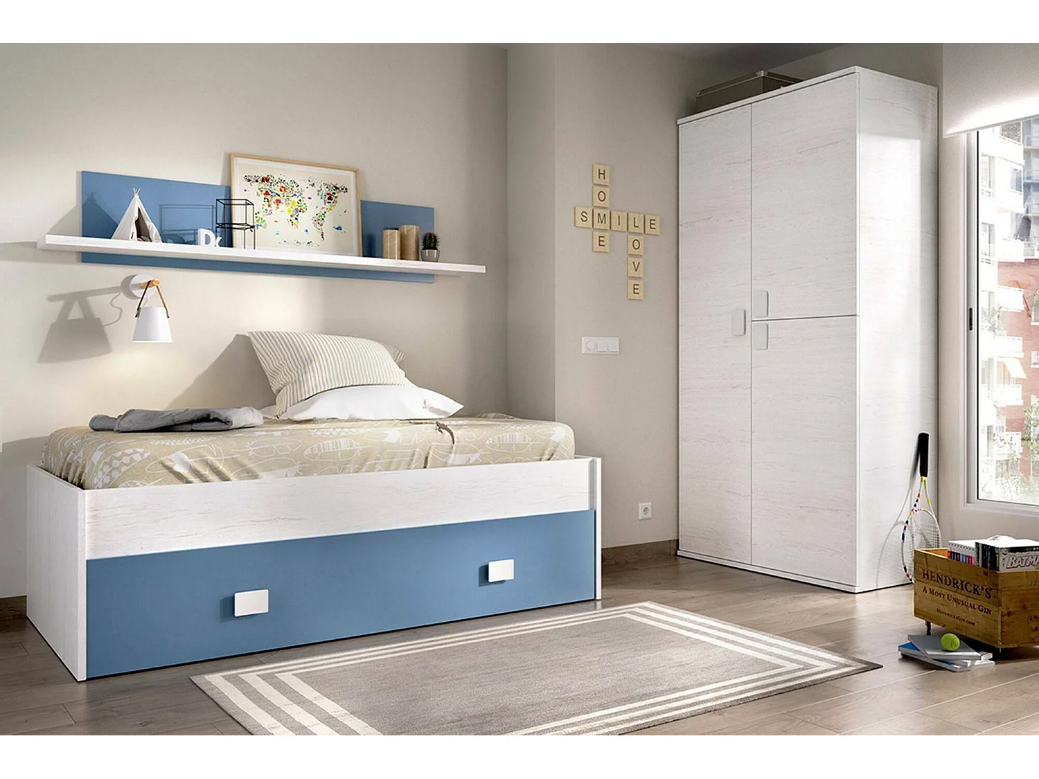 Lit enfant Monviso, Lit coffre pour chambres, Structure de lit simple avec tiroirs et étagère, 195x97h44 cm, Blanc et Bleu