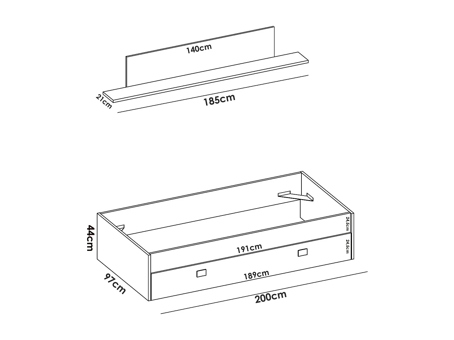 Lit enfant Monviso, Lit coffre pour chambres, Structure de lit simple avec tiroirs et étagère, 195x97h44 cm, Blanc et Bleu