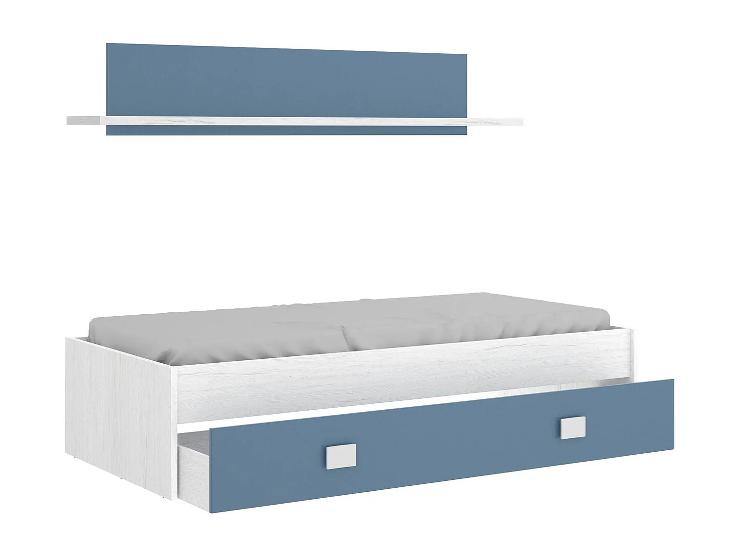 Lit enfant Monviso, Lit coffre pour chambres, Structure de lit simple avec tiroirs et étagère, 195x97h44 cm, Blanc et Bleu