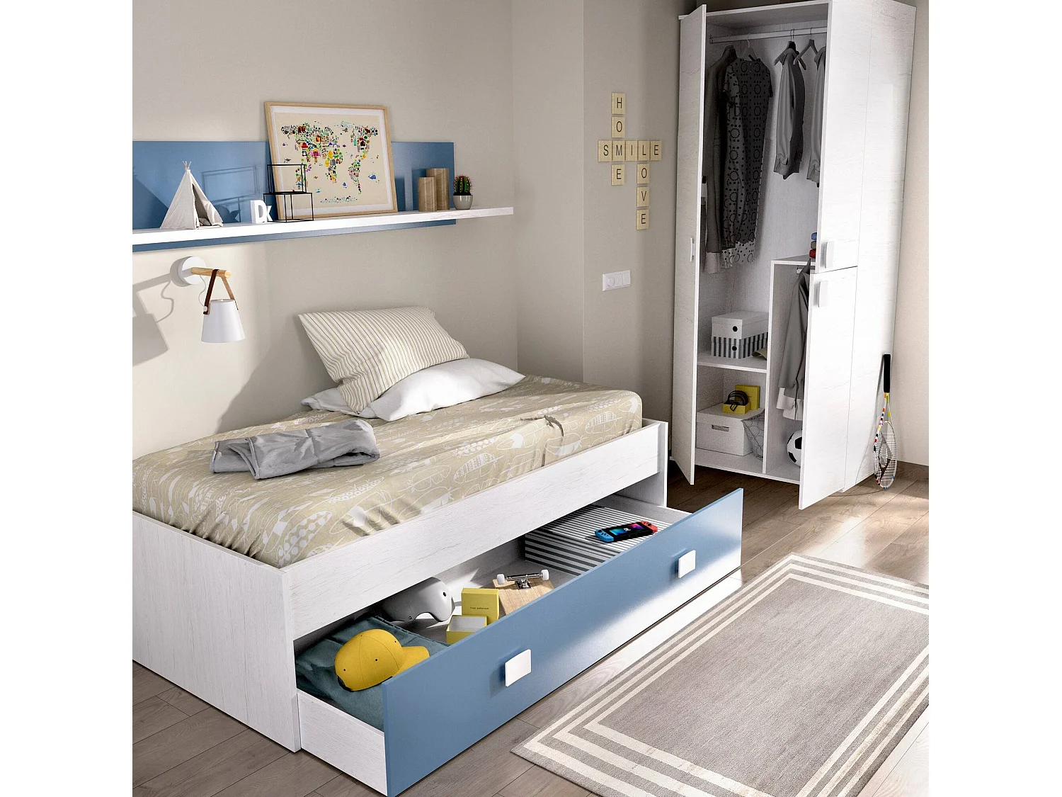 Lit enfant Monviso, Lit coffre pour chambres, Structure de lit simple avec tiroirs et étagère, 195x97h44 cm, Blanc et Bleu