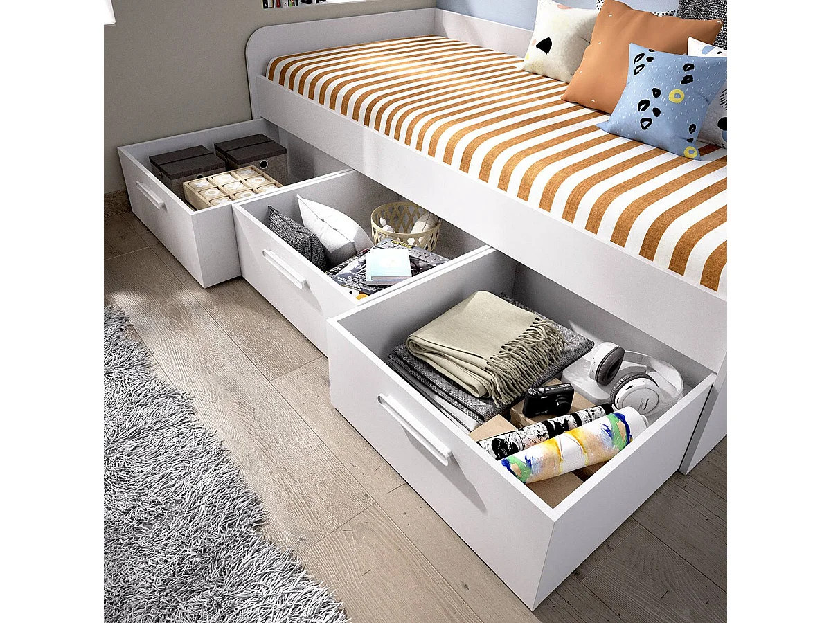 Lit enfant Adamello, Lit coffre pour chambres, Cadre de lit simple avec 3 tiroirs, 194x97h60 cm, Blanc