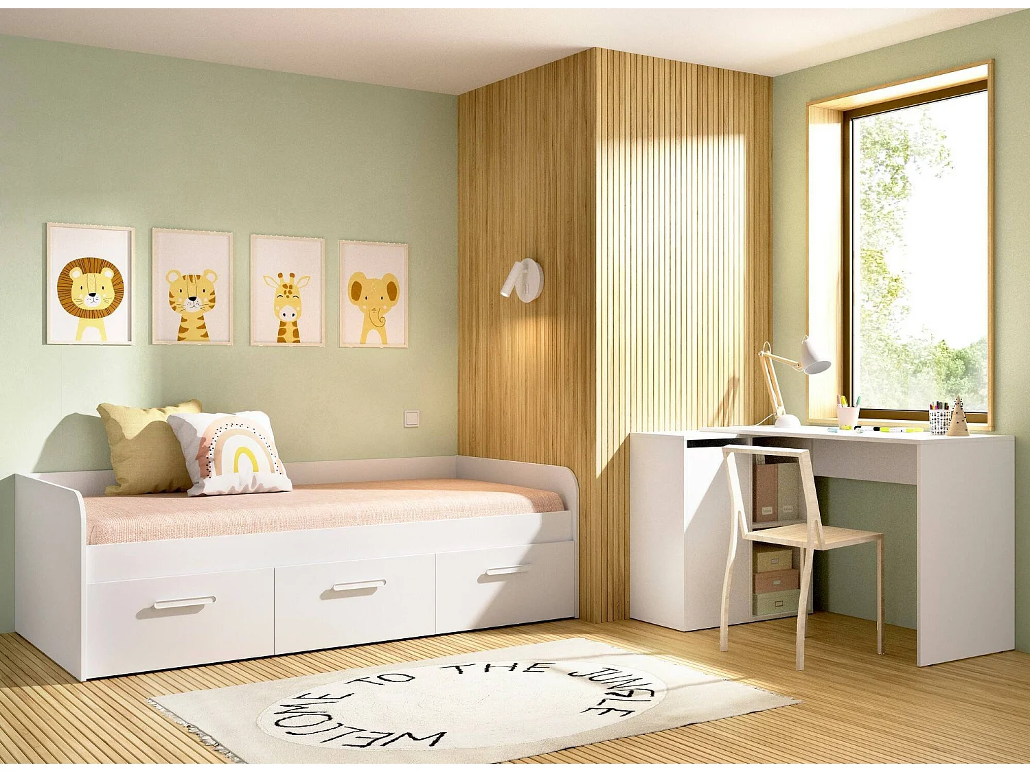 Dmora Kinderbed Adamello Wit met Opslag, Matrasmaat 90x190 cm, Eenpersoonsbedje