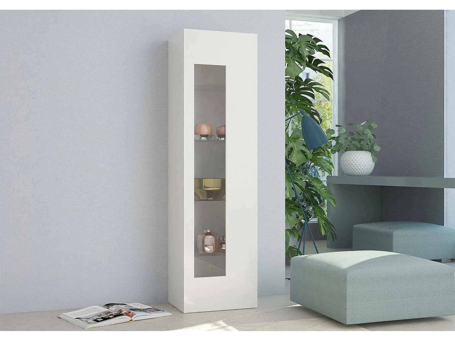 Dizz vitrine, Dressoir met glazen deur, Multifunctioneel woonkamermeubilair, 100% Made in Italy, 45x34h162 cm, Glanzend wit