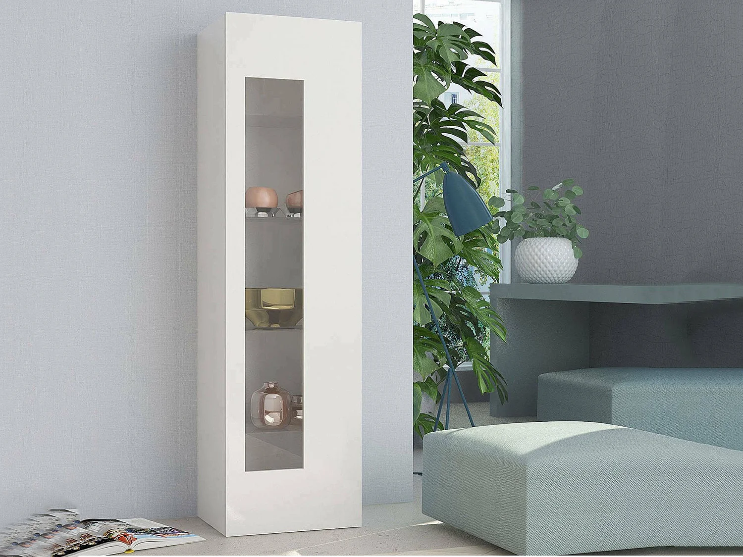 Vitrine Dizz, Aparador com porta de vidro, Móveis de sala multiuso, 100% Fabricado na Itália, 45x34h162 cm, Branco brilhante
