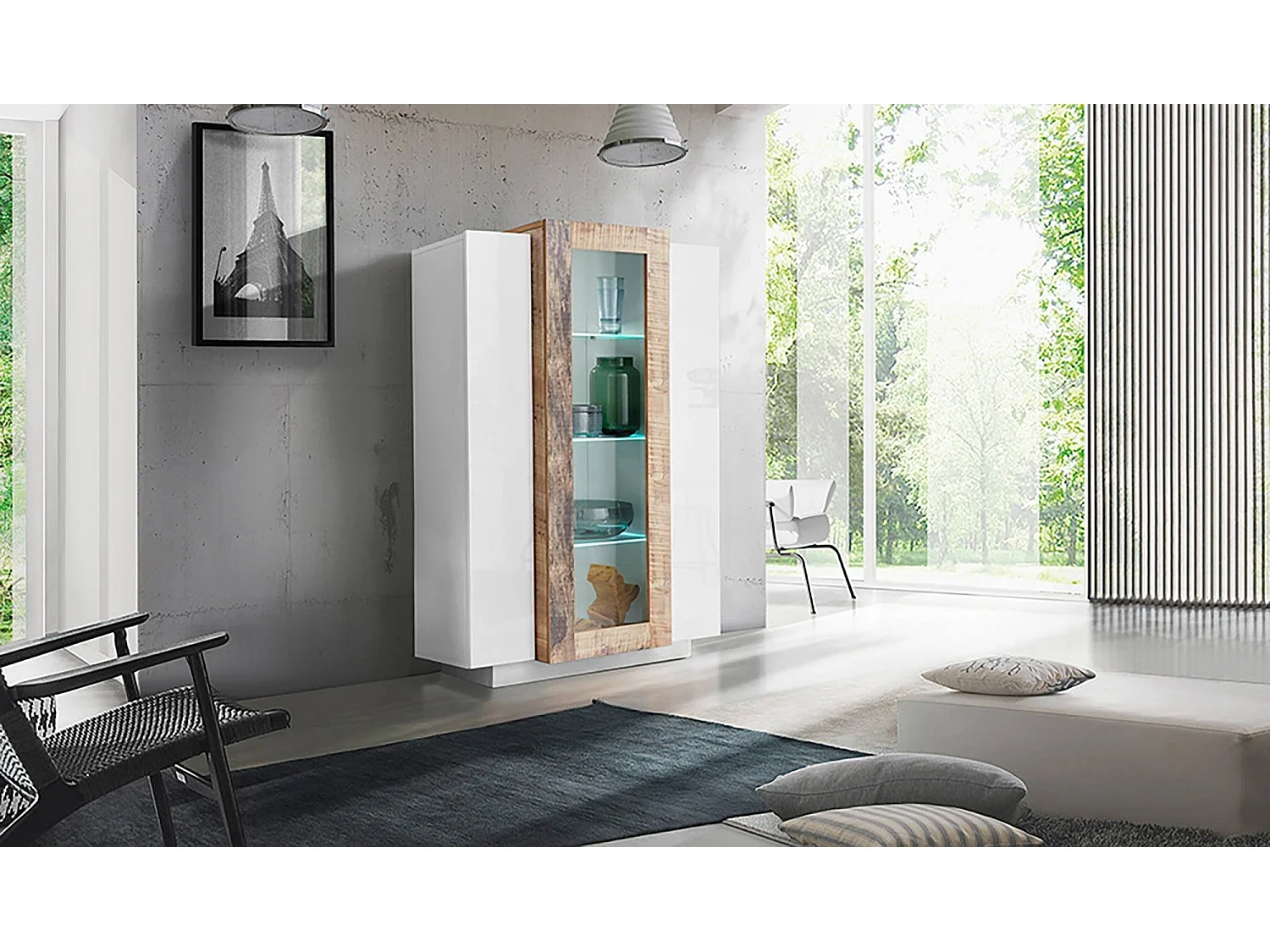 Vitrine Dfrutt, Buffet à trois portes, Meuble de salon polyvalent, 100% Made in Italy, 80x38h121 cm, Blanc brillant et Érable