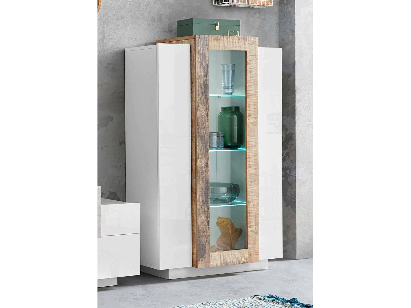 Vitrine Dfrutt, Buffet à trois portes, Meuble de salon polyvalent, 100% Made in Italy, 80x38h121 cm, Blanc brillant et Érable