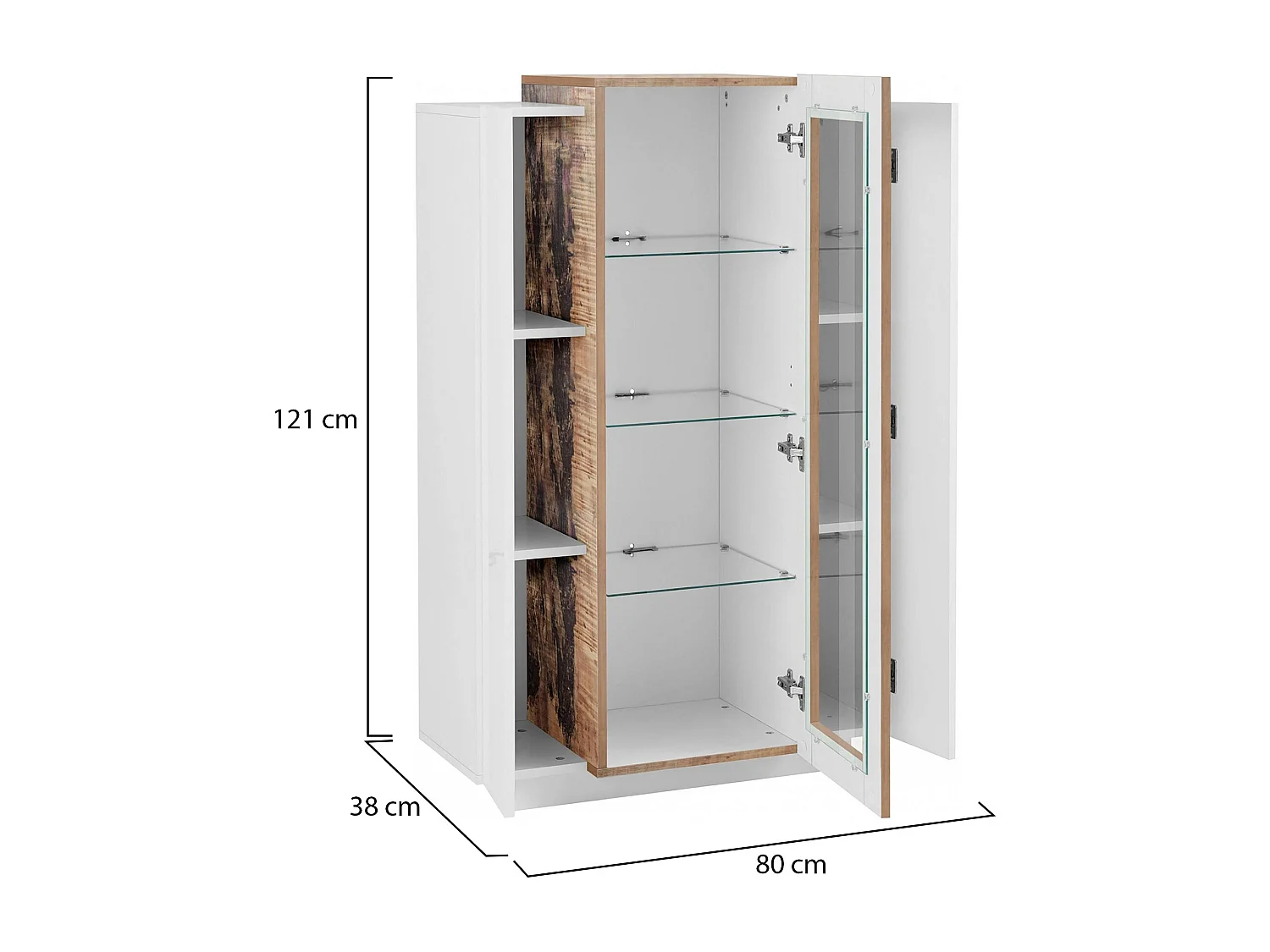 Vitrine Dfrutt, Buffet à trois portes, Meuble de salon polyvalent, 100% Made in Italy, 80x38h121 cm, Blanc brillant et Érable