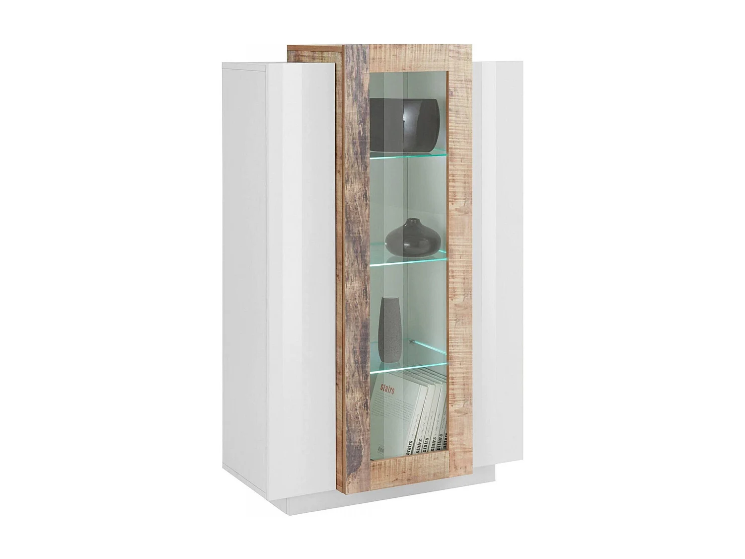 Vitrine Dfrutt, Aparador com três portas, Móveis de sala multiuso, 100% Made in Italy, 80x38h121 cm, Branco brilhante e Maple