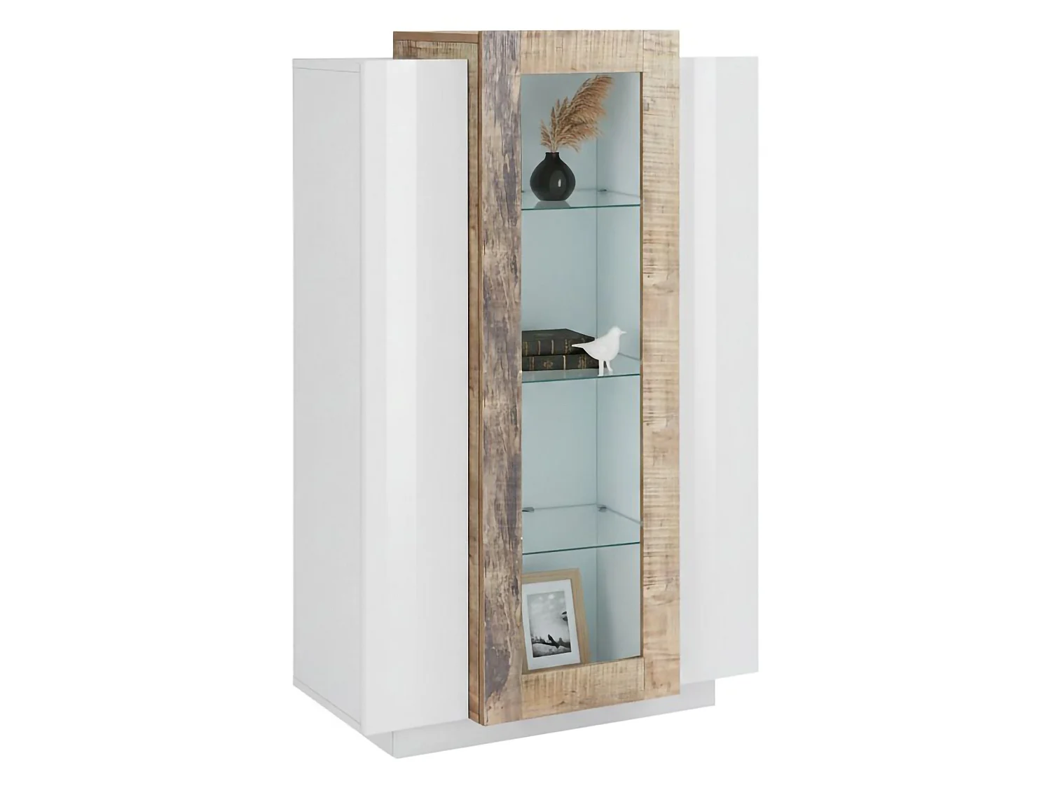 Vitrine Dfrutt, Buffet à trois portes, Meuble de salon polyvalent, 100% Made in Italy, 80x38h121 cm, Blanc brillant et Érable