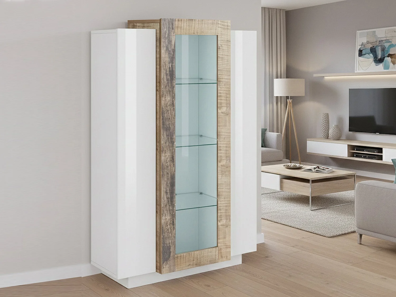 Vitrine Dfrutt, Buffet à trois portes, Meuble de salon polyvalent, 100% Made in Italy, 80x38h121 cm, Blanc brillant et Érable