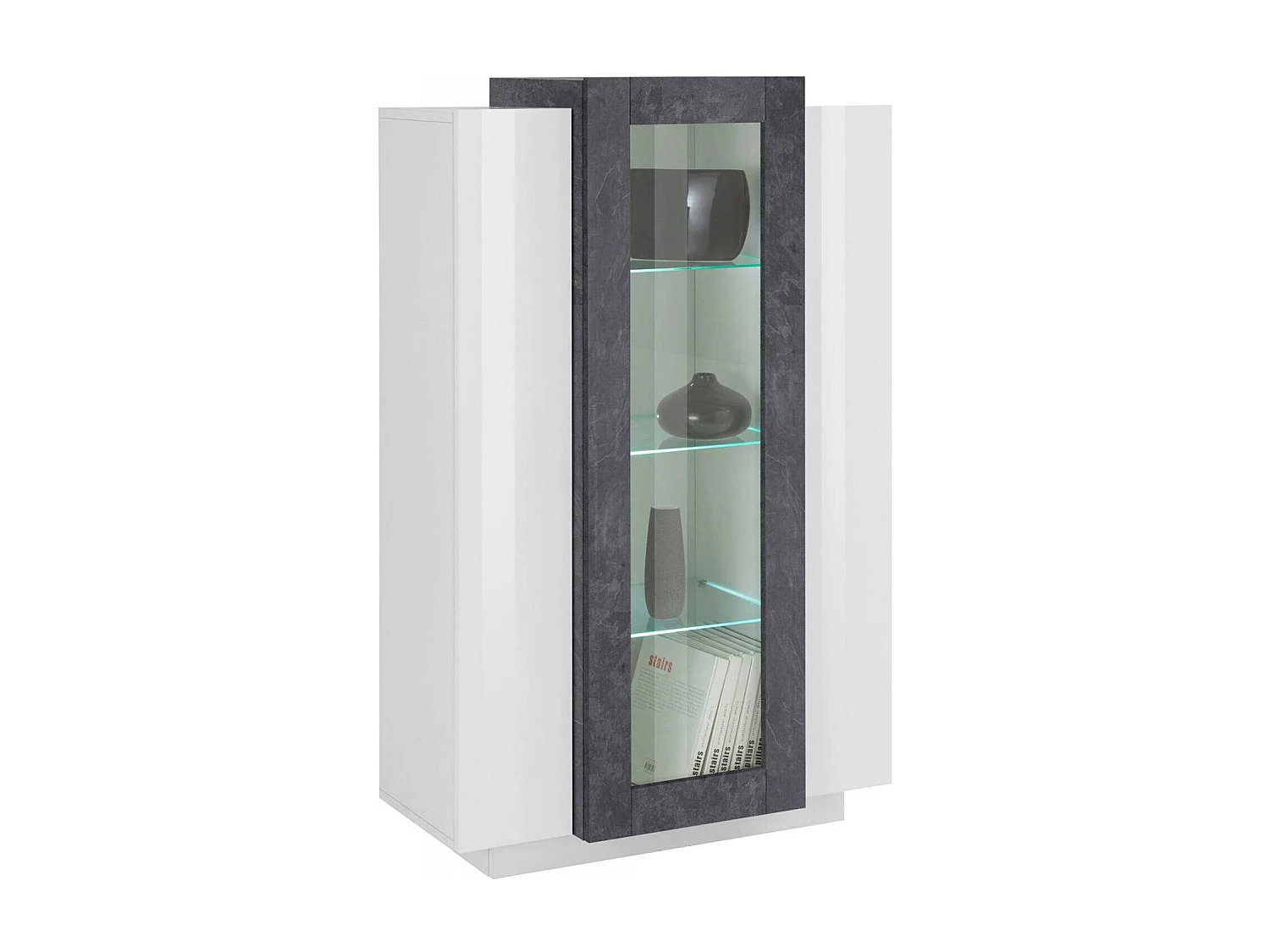 Vitrine Dfrutt, Buffet à trois portes, Meuble de salon polyvalent, 100% Made in Italy, 80x38h121 cm, Blanc brillant et ardoise