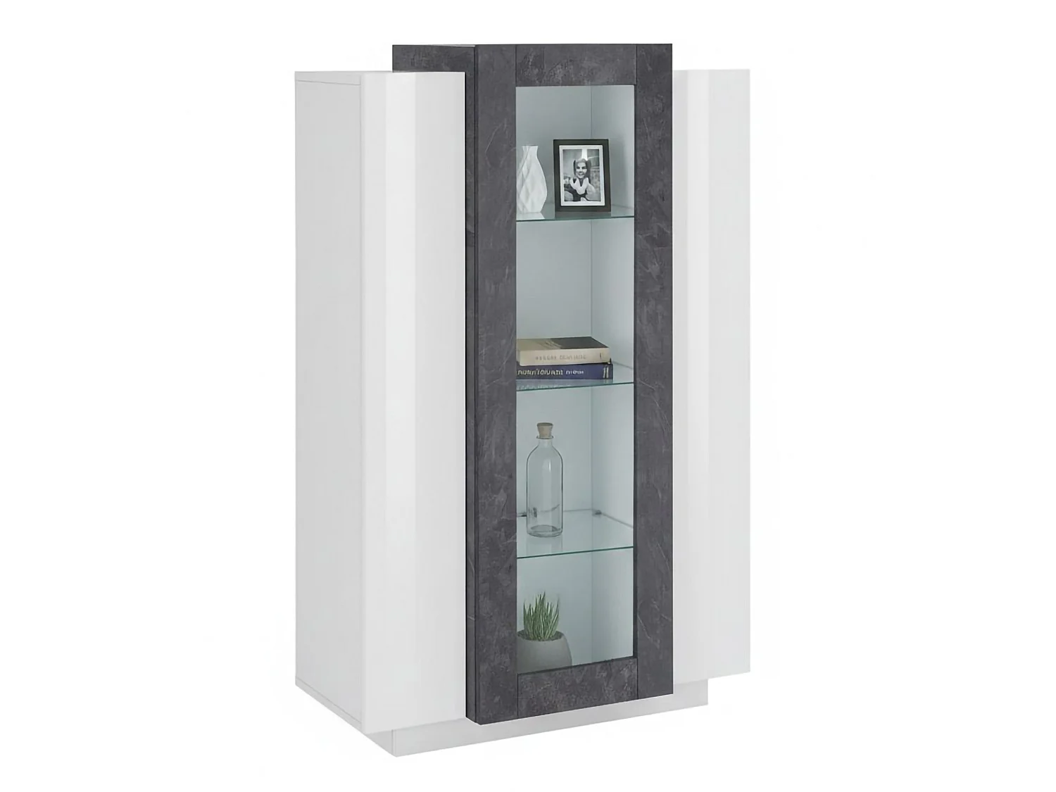 Vitrine Dfrutt, Buffet à trois portes, Meuble de salon polyvalent, 100% Made in Italy, 80x38h121 cm, Blanc brillant et ardoise
