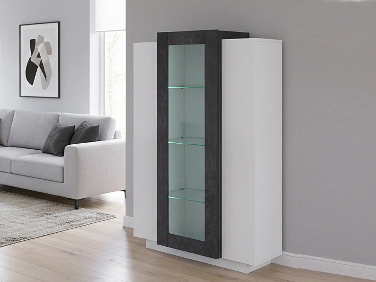 Vitrine Dfrutt, Buffet à trois portes, Meuble de salon polyvalent, 100% Made in Italy, 80x38h121 cm, Blanc brillant et ardoise