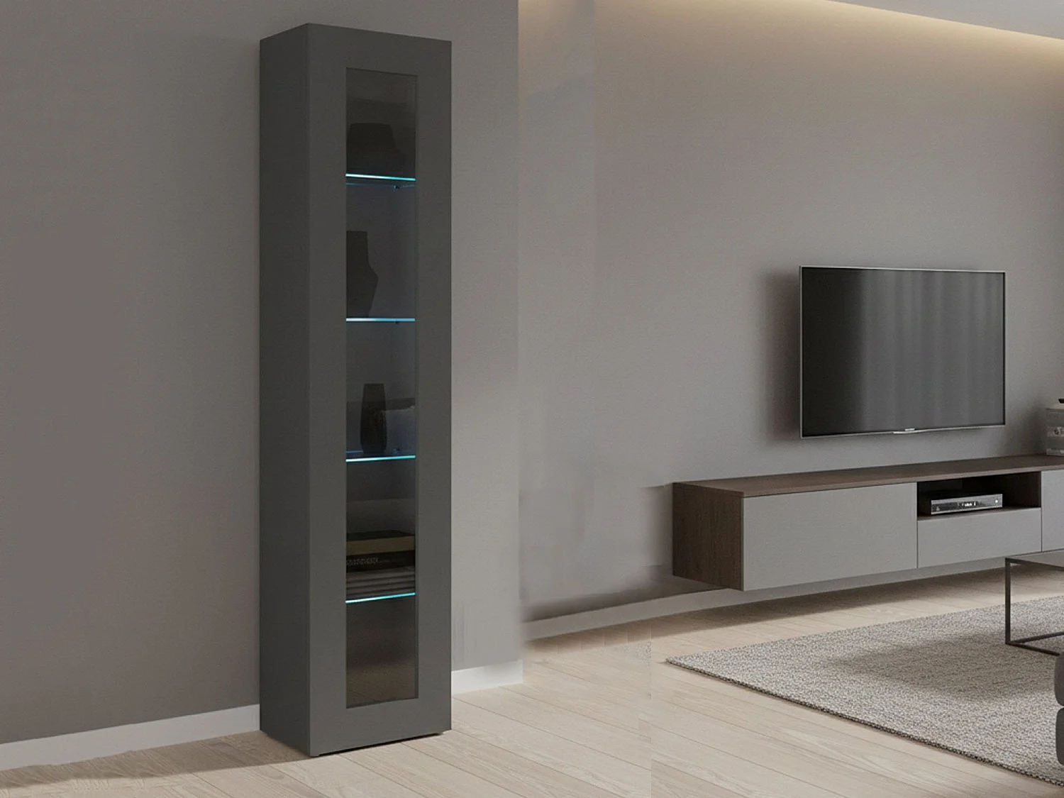 Vitrine Dndi, buffet 1 porte avec étagères en verre, meuble de salon polyvalent, 100% Made in Italy, 40x30h180 cm, Anthracite