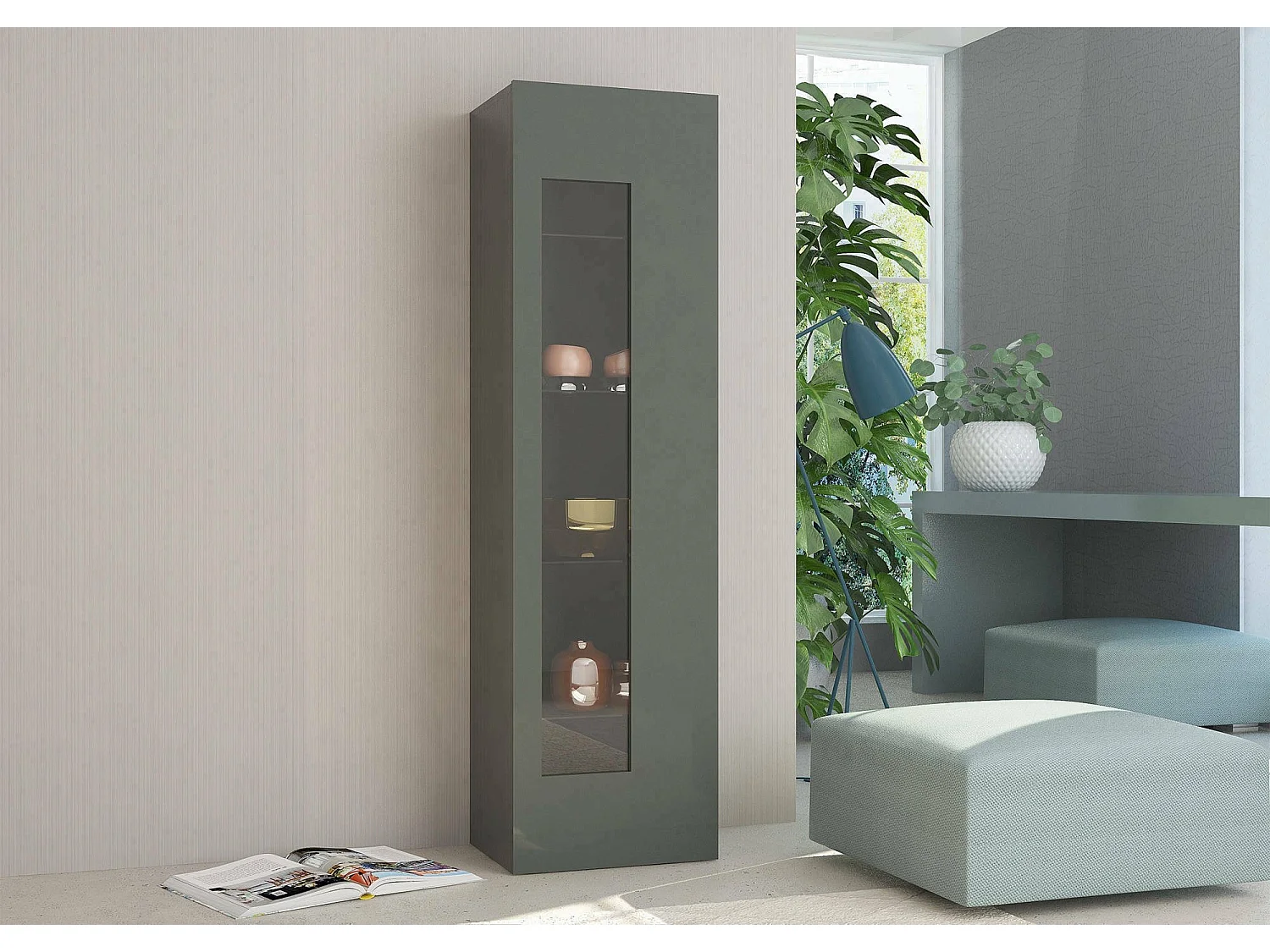 Vitrine Dizz, Buffet avec porte vitrée, Meuble de salon polyvalent, 100% Made in Italy, 45x34h162 cm, Anthracite Brillant