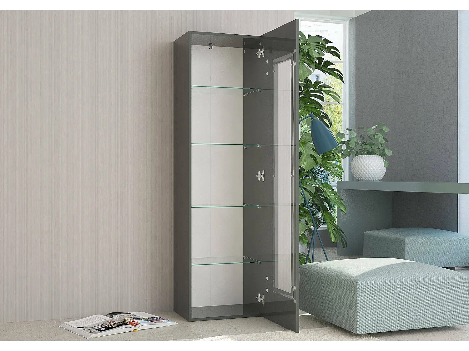 Vitrine Dizz, Buffet avec porte vitrée, Meuble de salon polyvalent, 100% Made in Italy, 45x34h162 cm, Anthracite Brillant