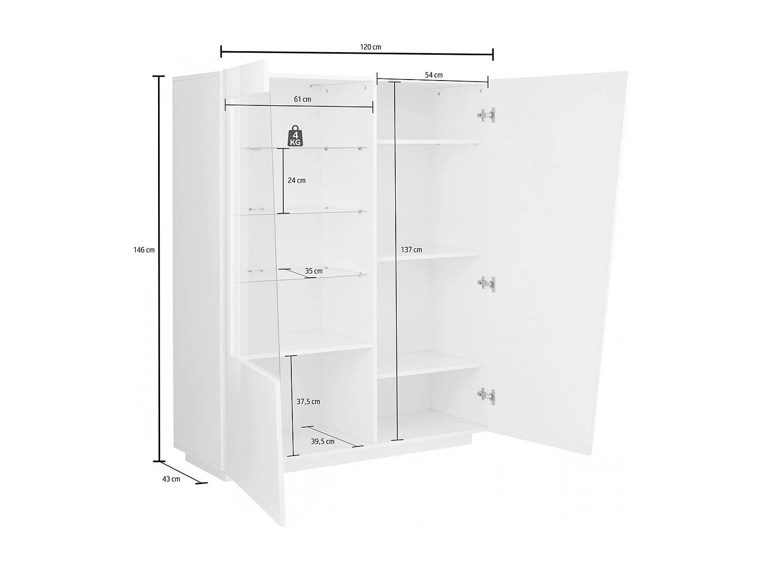Vitrine Dkruni, Buffet avec porte vitrée, Meuble de salon polyvalent avec lumière LED, 100% Made in Italy, 120x43h146 cm, Blanc brillant